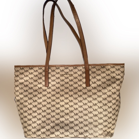 MICHAEL KORS EMRY JET SET SIGNATURE TOTE LEATHER TRIM LARGE ZIP TOTE - Picture 1 of 16